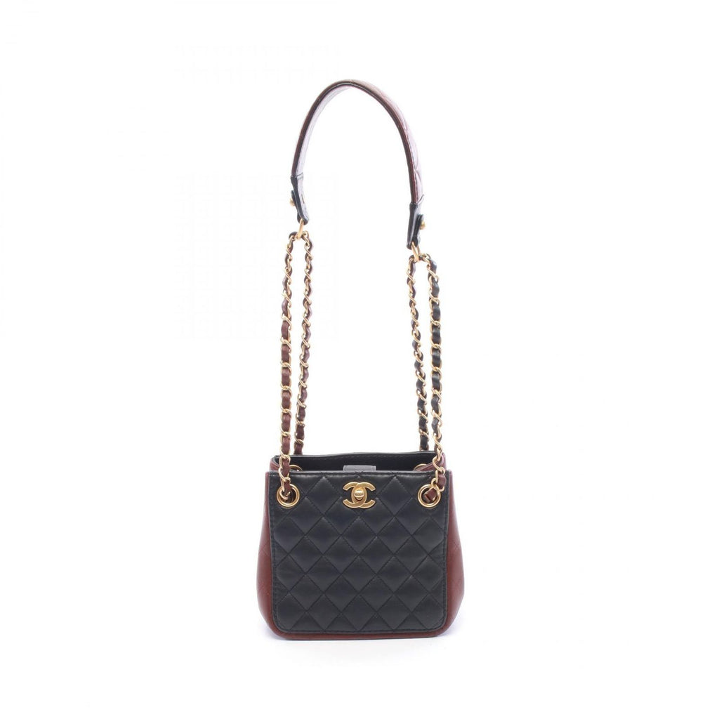 Chanel Shoulder Bag Quilted Small Bucket Black Red Brown Lambskin Chain