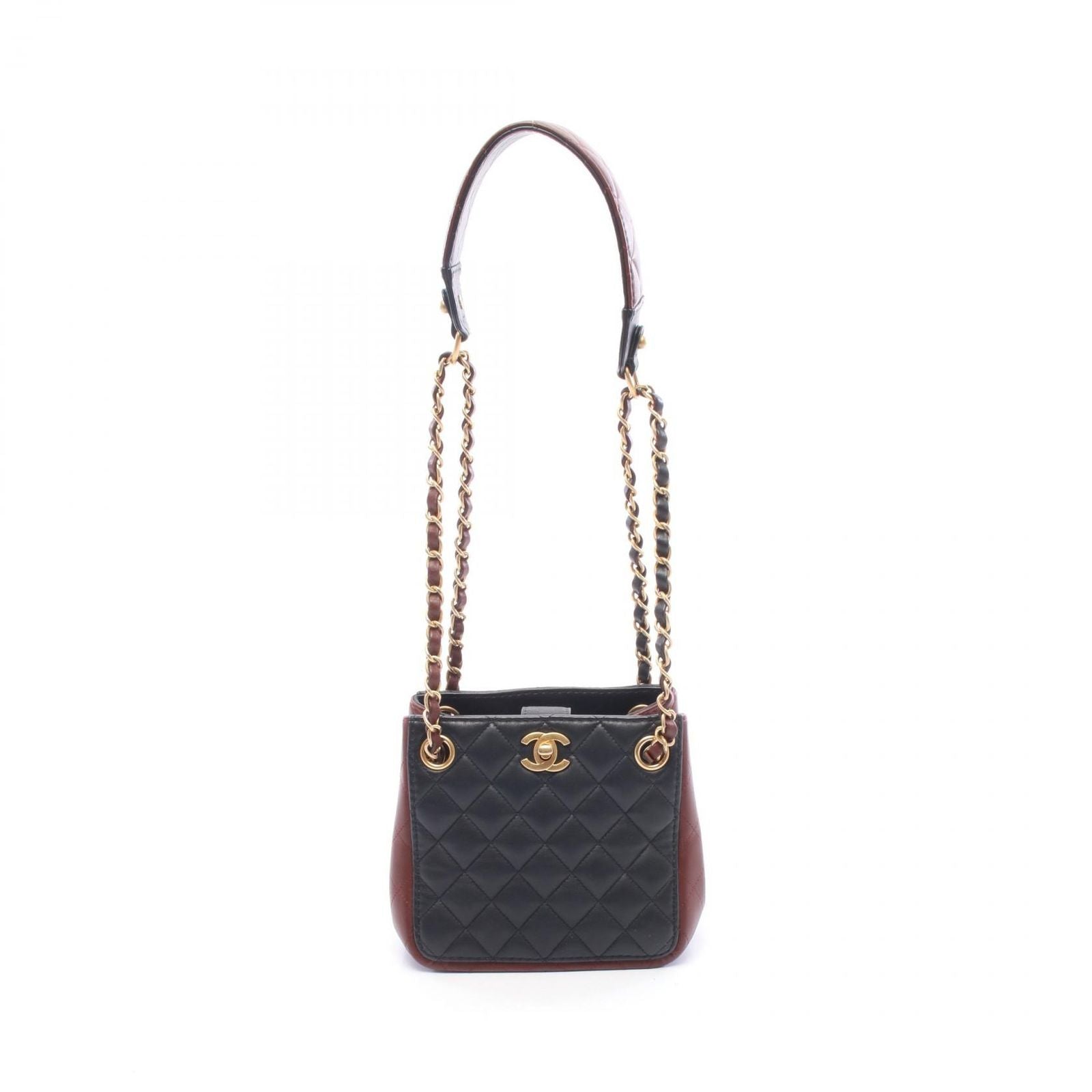 Chanel Shoulder Bag Quilted Small Bucket Black Red Brown Lambskin Chain