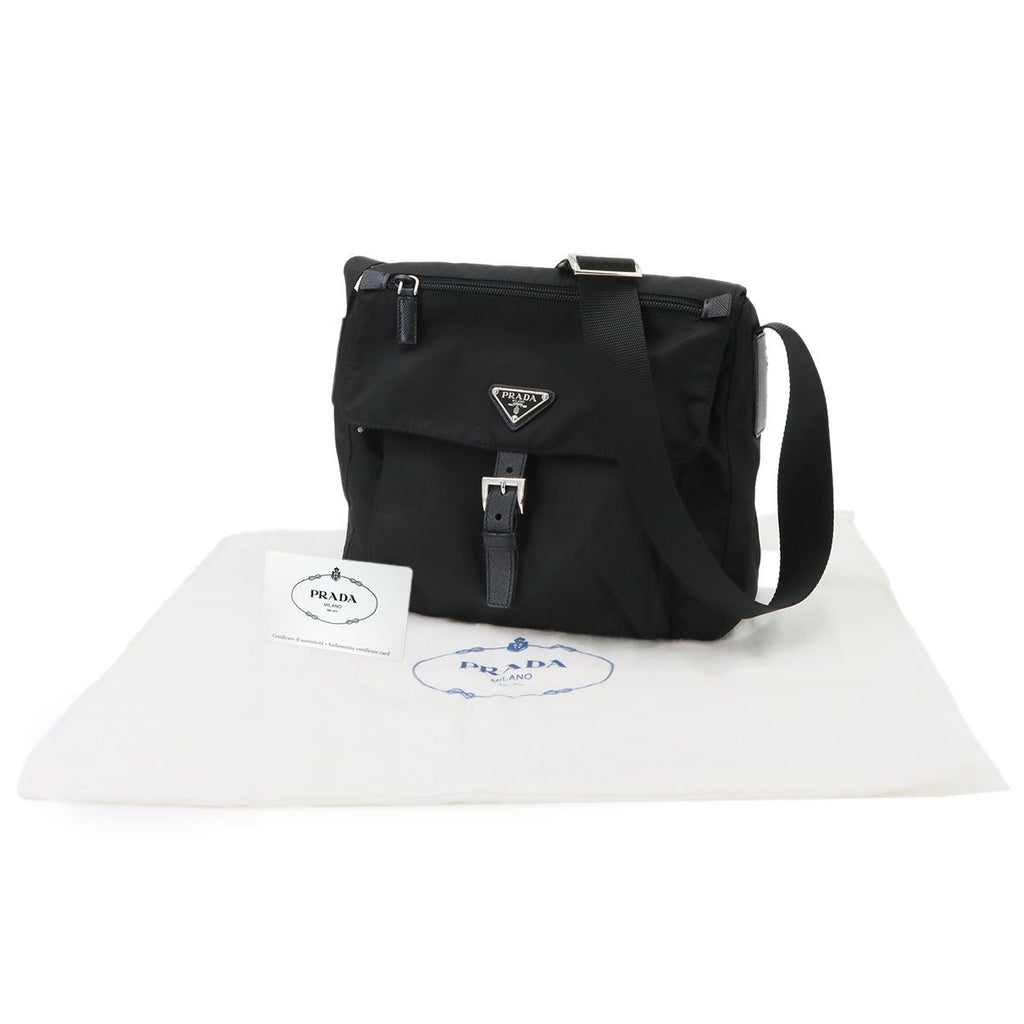 Prada Shoulder Bag Nylon Saffiano Leather Nero Silver Black — view 2