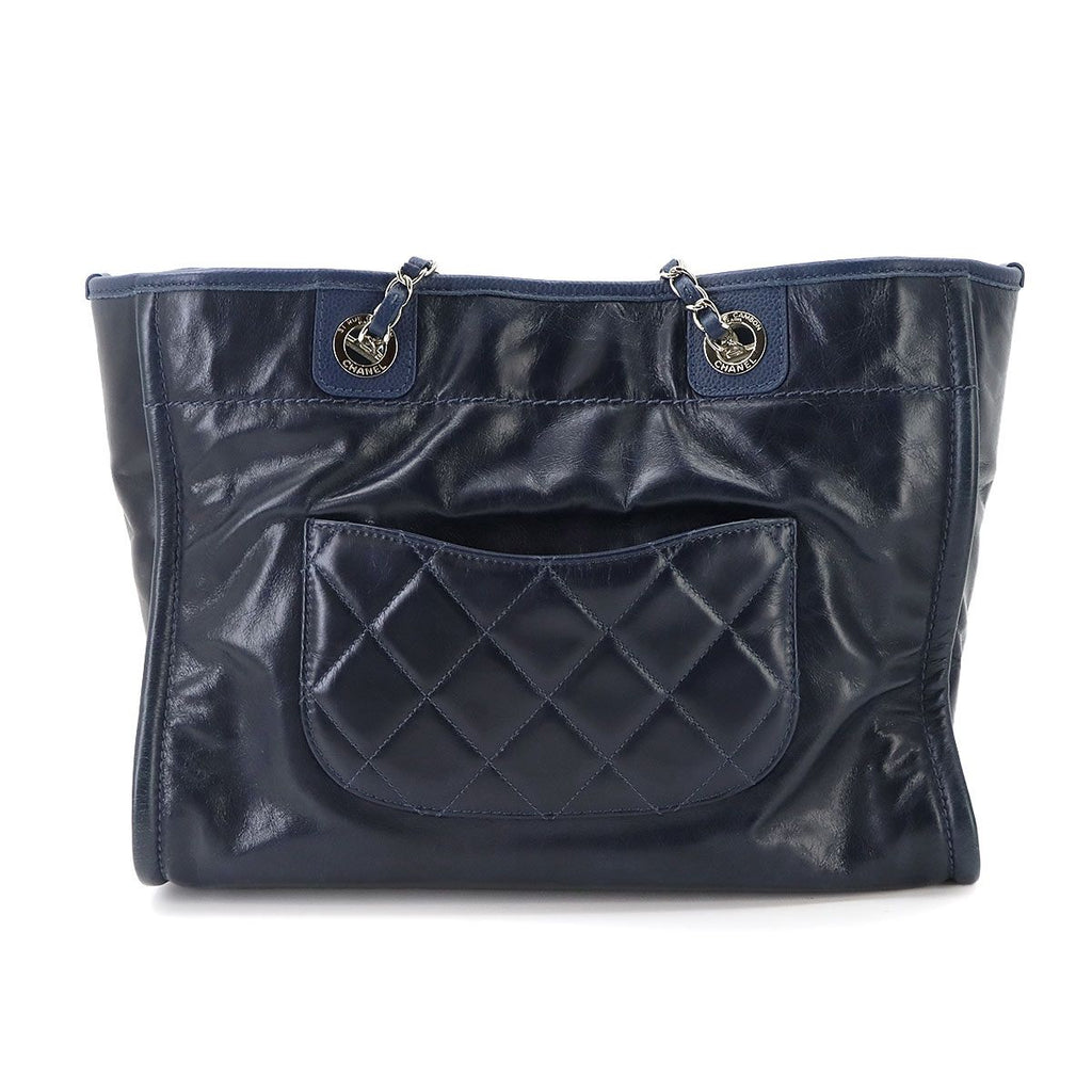 Chanel Deauville Chain Tote Leather Navy Silver — view 3