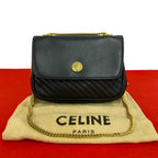 Celine Vintage Triomphe Logo Leather Chain Mini Shoulder Bag Pochette Black