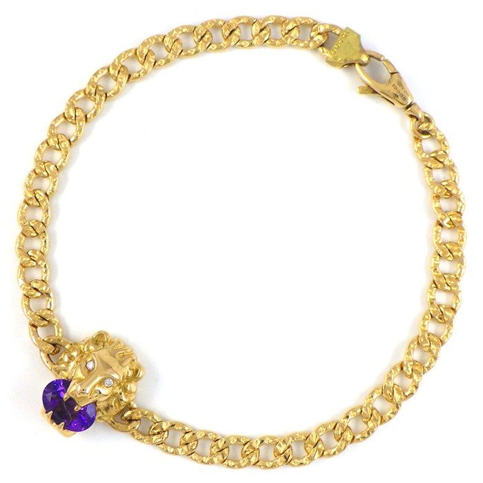 Gucci Bracelet Lion Head 1 Point Oval Amethyst 2 Diamond 18k Yellow Gold 16
