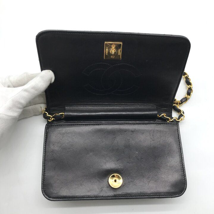 Chanel CC Logo Mini Quilted Chain Shoulder Bag Black Push Lock Lambskin — view 7