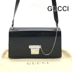 Gucci Shoulder Bag Crossbody Leather Black Metal Plate Simple