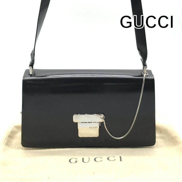 Gucci Shoulder Bag Crossbody Leather Black Metal Plate Simple