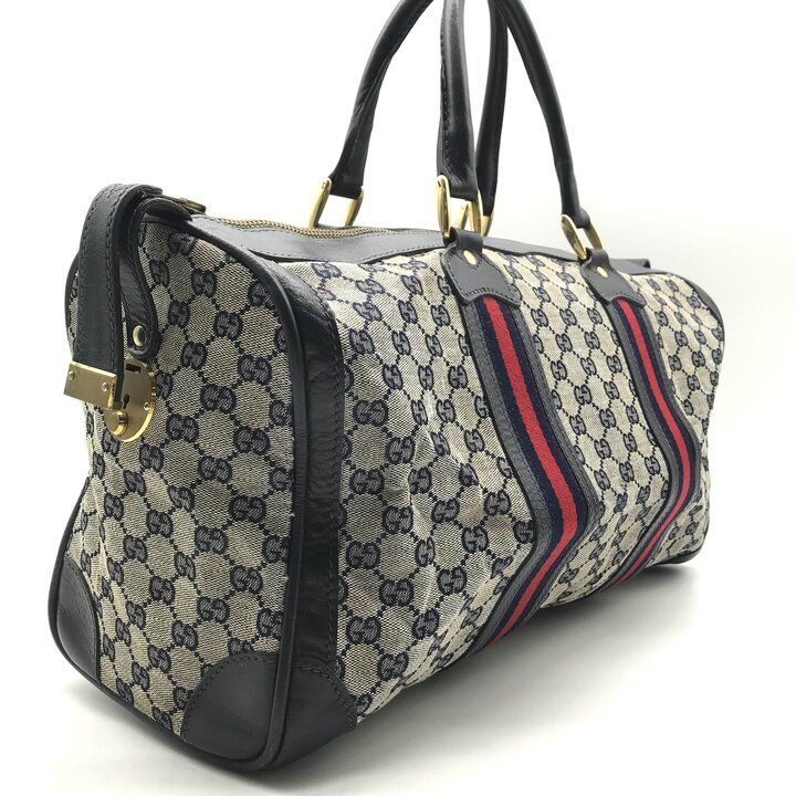 Gucci GG Canvas Leather Sherry Hand Boston Bag Navy — view 2