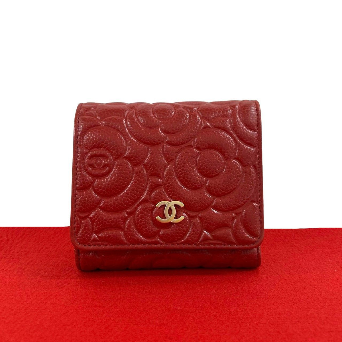 Chanel CC Logo Camellia Caviar Leather Trifold Wallet Mini Card Case