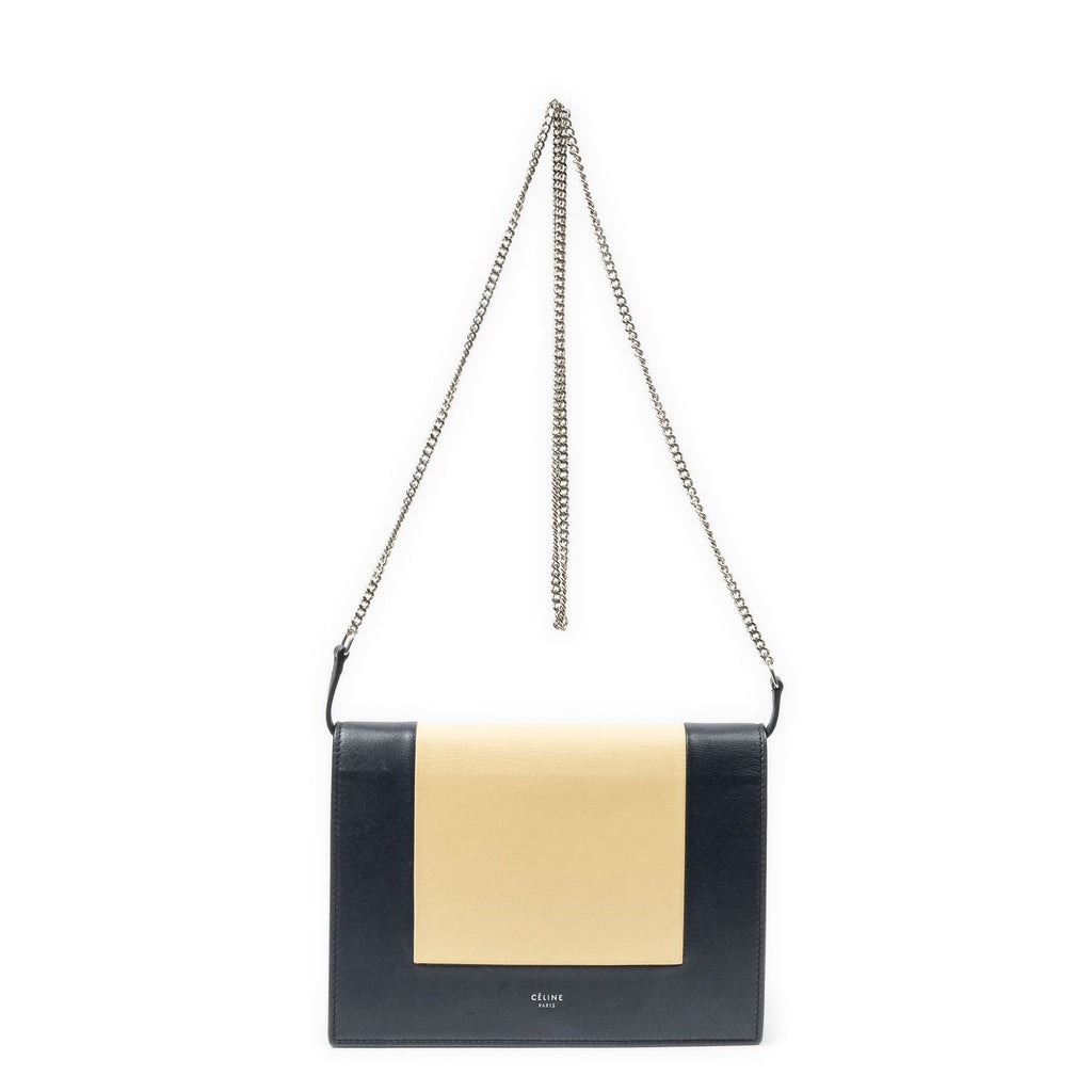 Celine Frame Evening Chain Clutch Navy Beige Calfskin Leather