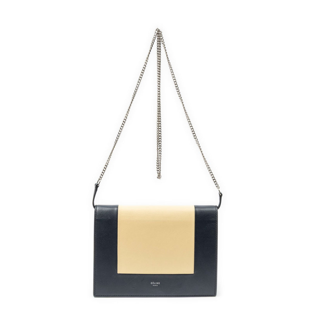 Celine Frame Evening Chain Clutch Navy Beige Calfskin Leather