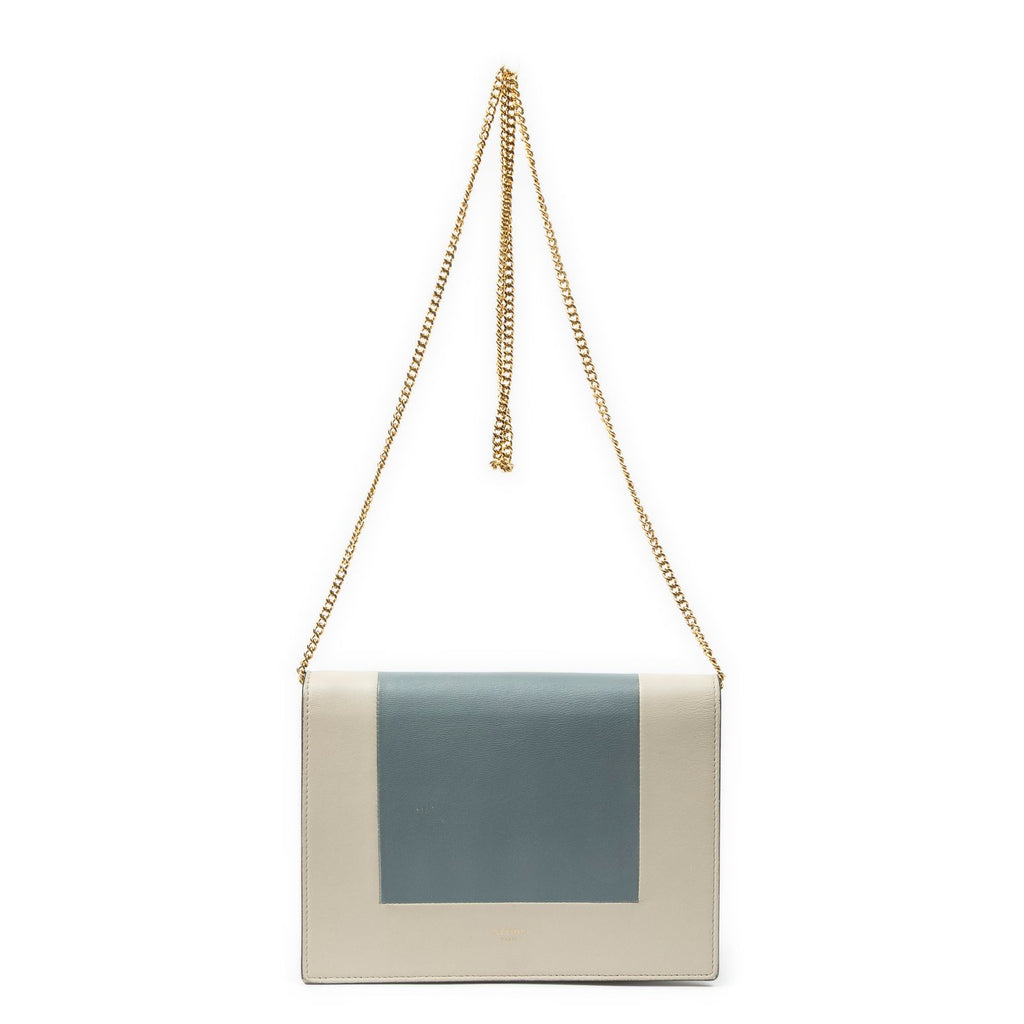 Celine Frame Evening Chain Clutch Beige Gray Calfskin Leather