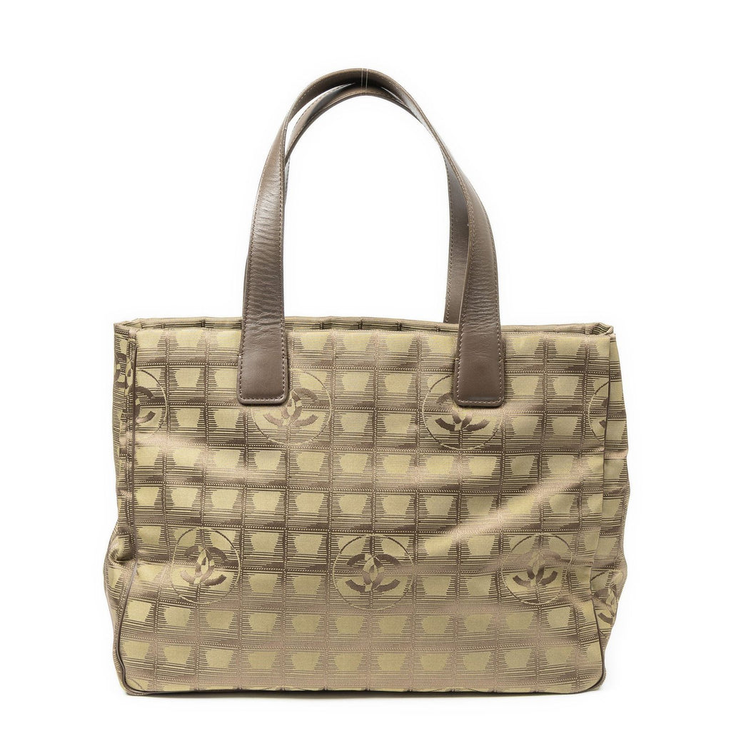 Chanel Travel Line Opening Tote Green Brown Nylon Canvas