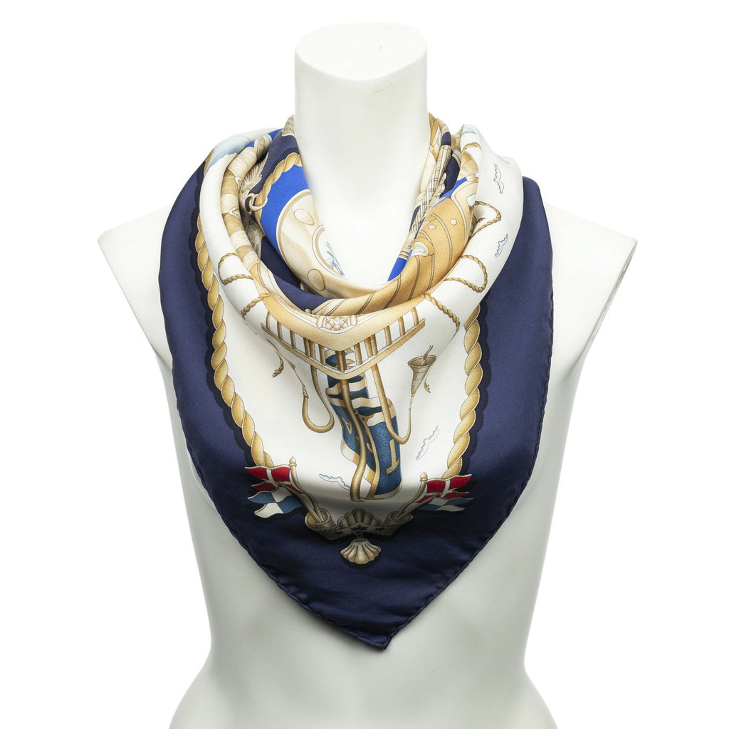 Hermes Scarf Navy Blanc's White Twill Silk