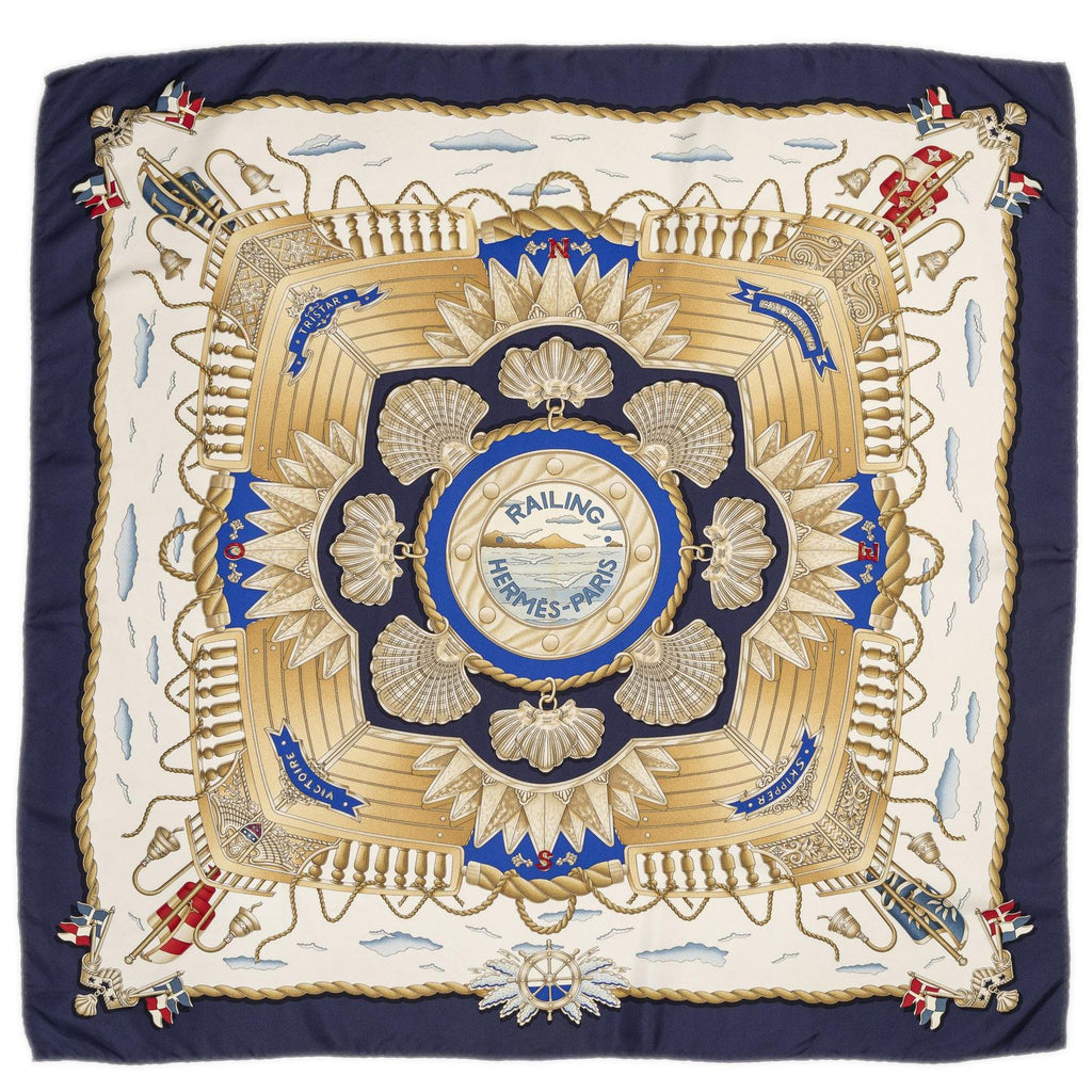 Hermes Scarf Navy Blanc's White Twill Silk — view 2