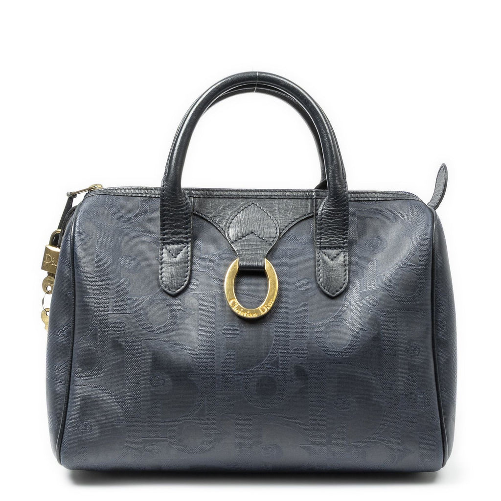 Dior Small Boston Navy Maxi Trotter Pattern Canvas Handbag
