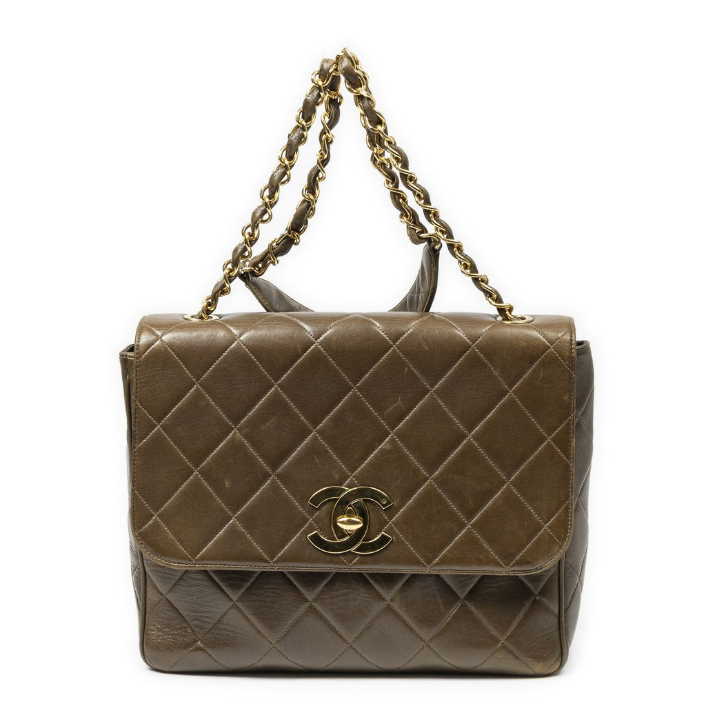 Chanel CC XL Jumbo Square Flap Bag Olive Green Quilted Lambskin Leather