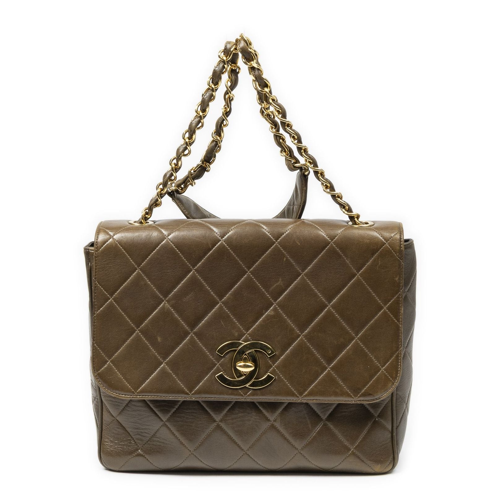 Chanel CC XL Jumbo Square Flap Bag Olive Green Quilted Lambskin Leather