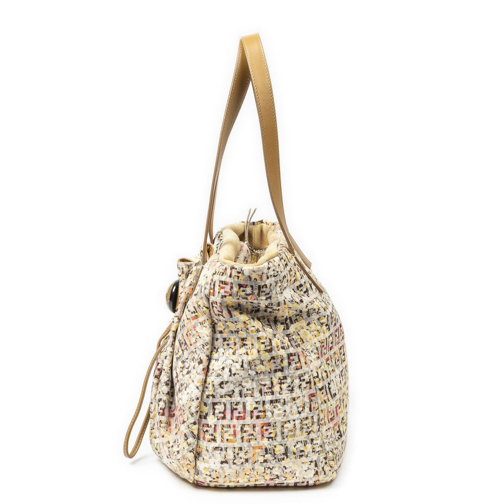 Fendi Drawstring Tote Beige Floral Print Zucchino Canvas — view 3