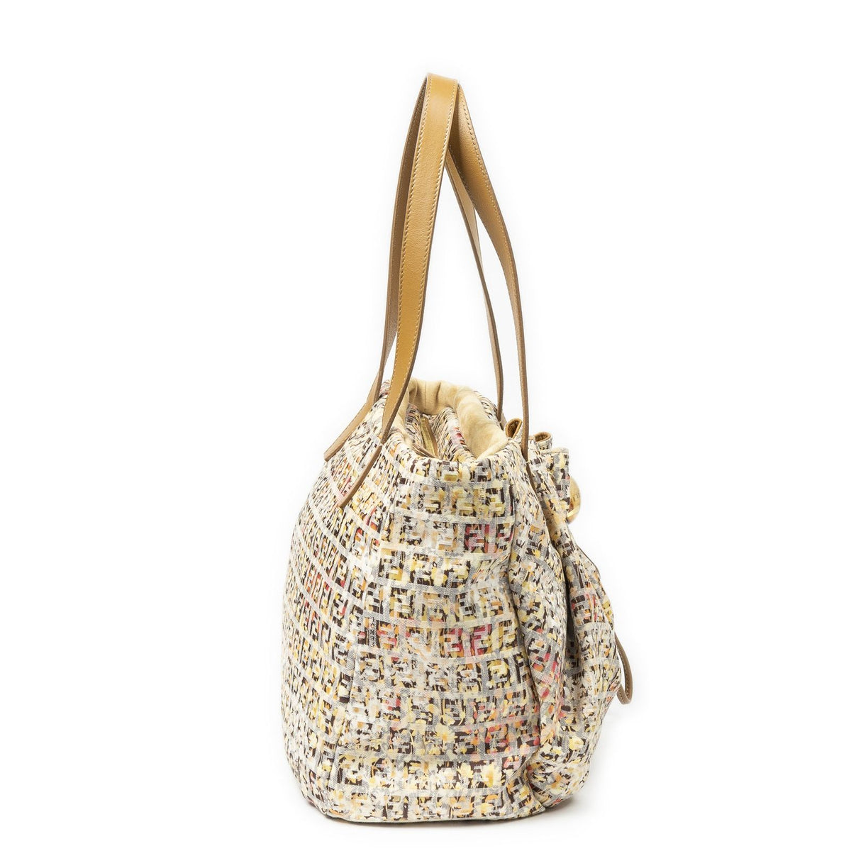 Fendi Drawstring Tote Beige Floral Print Zucchino Canvas — view 4