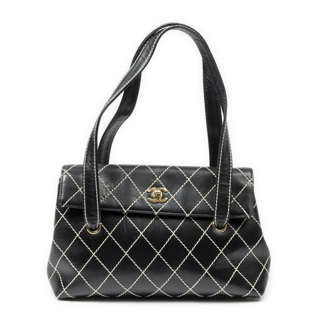 Chanel CC Wild Stitch Surpique Flap Bag Black Quilted Lambskin Leather