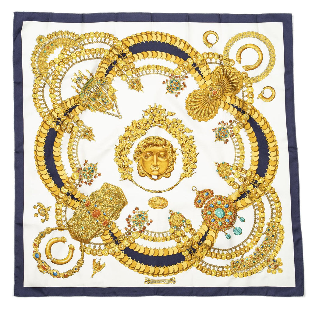 Hermes Scarf Navy Gold White Twill Silk — view 2