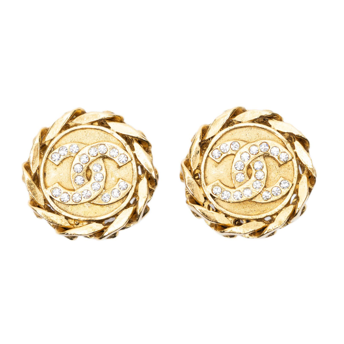 Chanel CC Rhinestone Chain Clip on Earrings Gold Plated