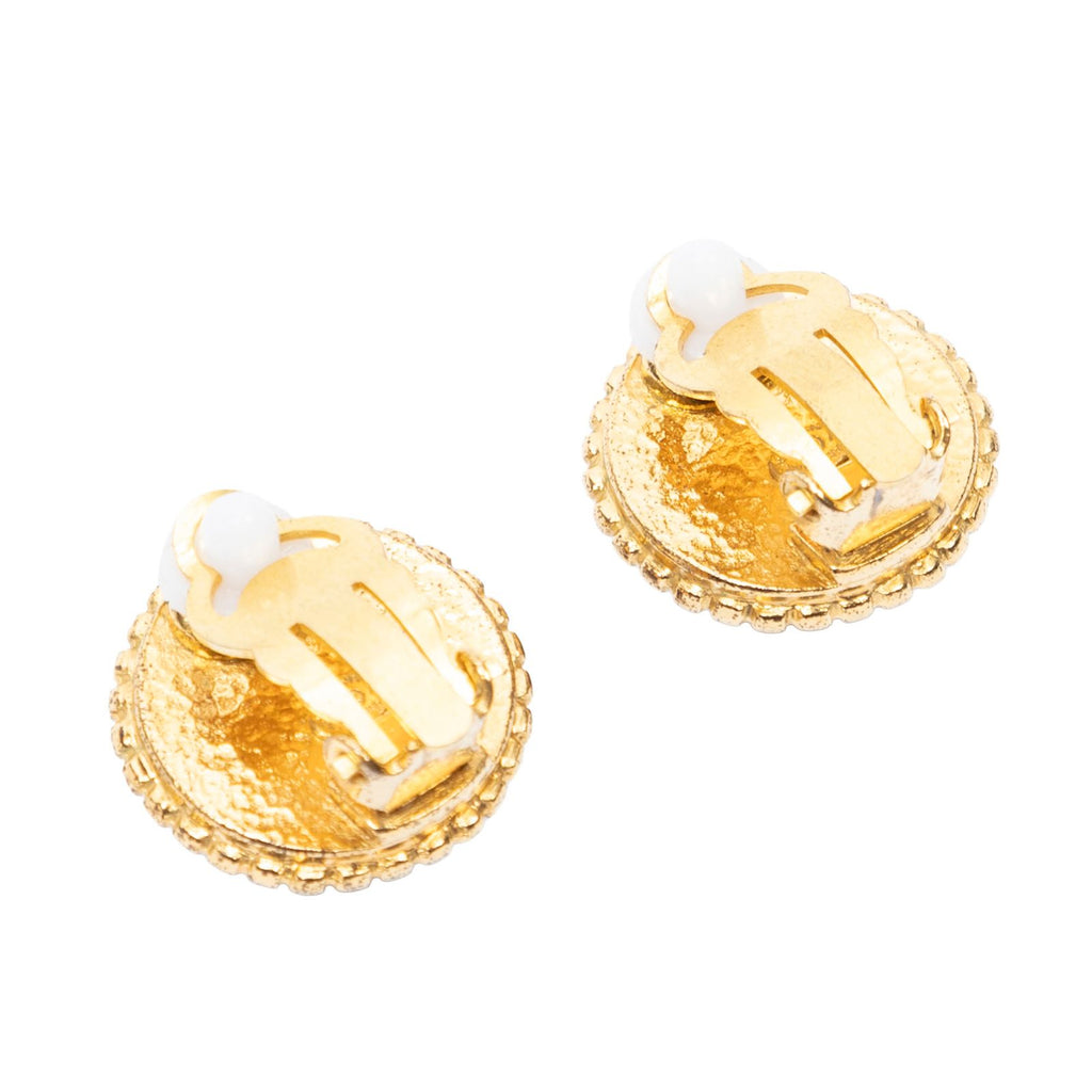 Chanel CC Logo Round Clip Type Earrings Royal Blue Gold Plated — view 2