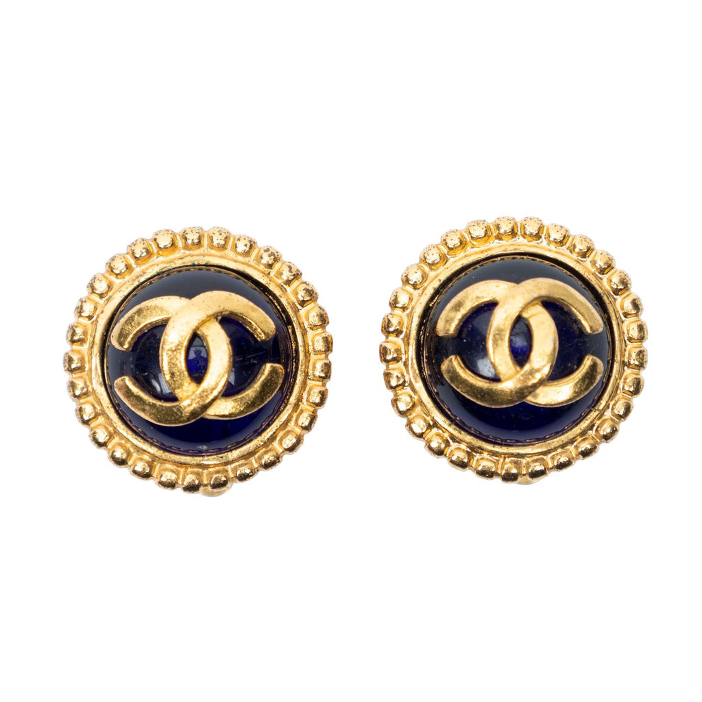 Chanel CC Logo Round Clip Type Earrings Royal Blue Gold Plated