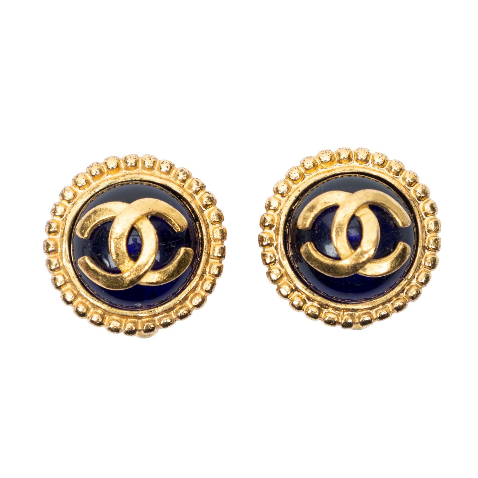 Chanel CC Logo Round Clip Type Earrings Royal Blue Gold Plated