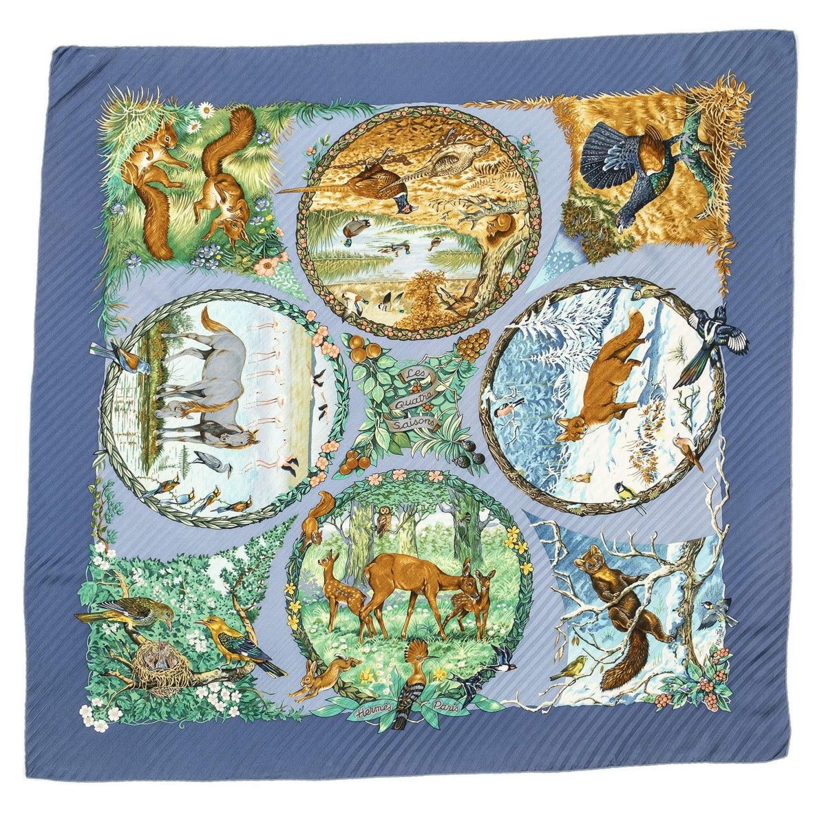 Hermes Pleated Scarf Blue Green Brown Twill Silk — view 2