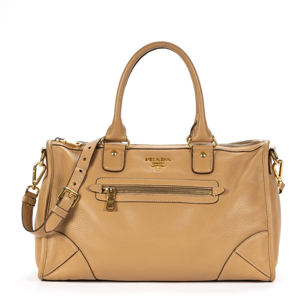 Prada Medium Bauletto Boston Light Brown Vitello Phoenix Shoulder Bag