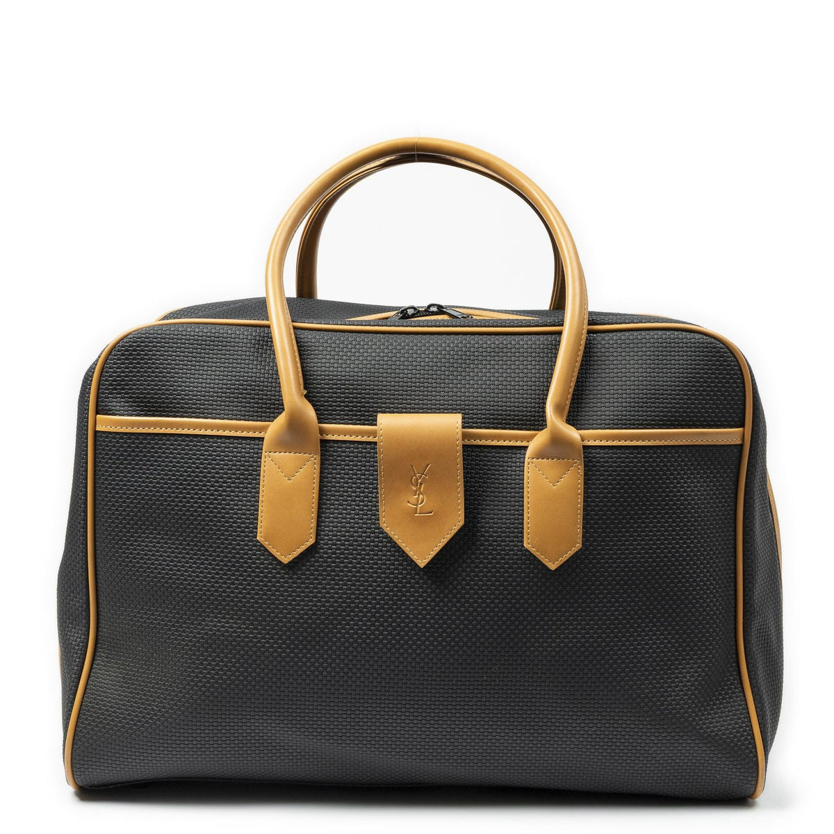 Saint Laurent Vintage Medium Travel Boston Black Tan Canvas Handbag