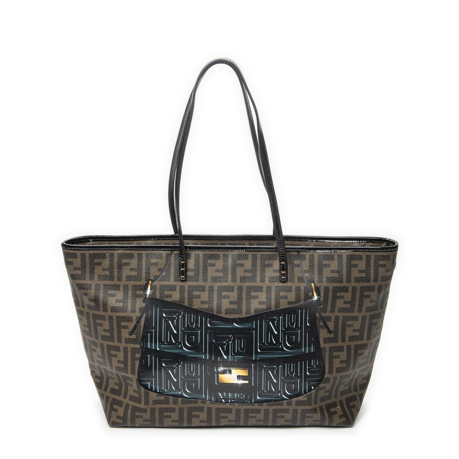 Fendi Roll Zip Tote Brown Black Resin Zucca Canvas