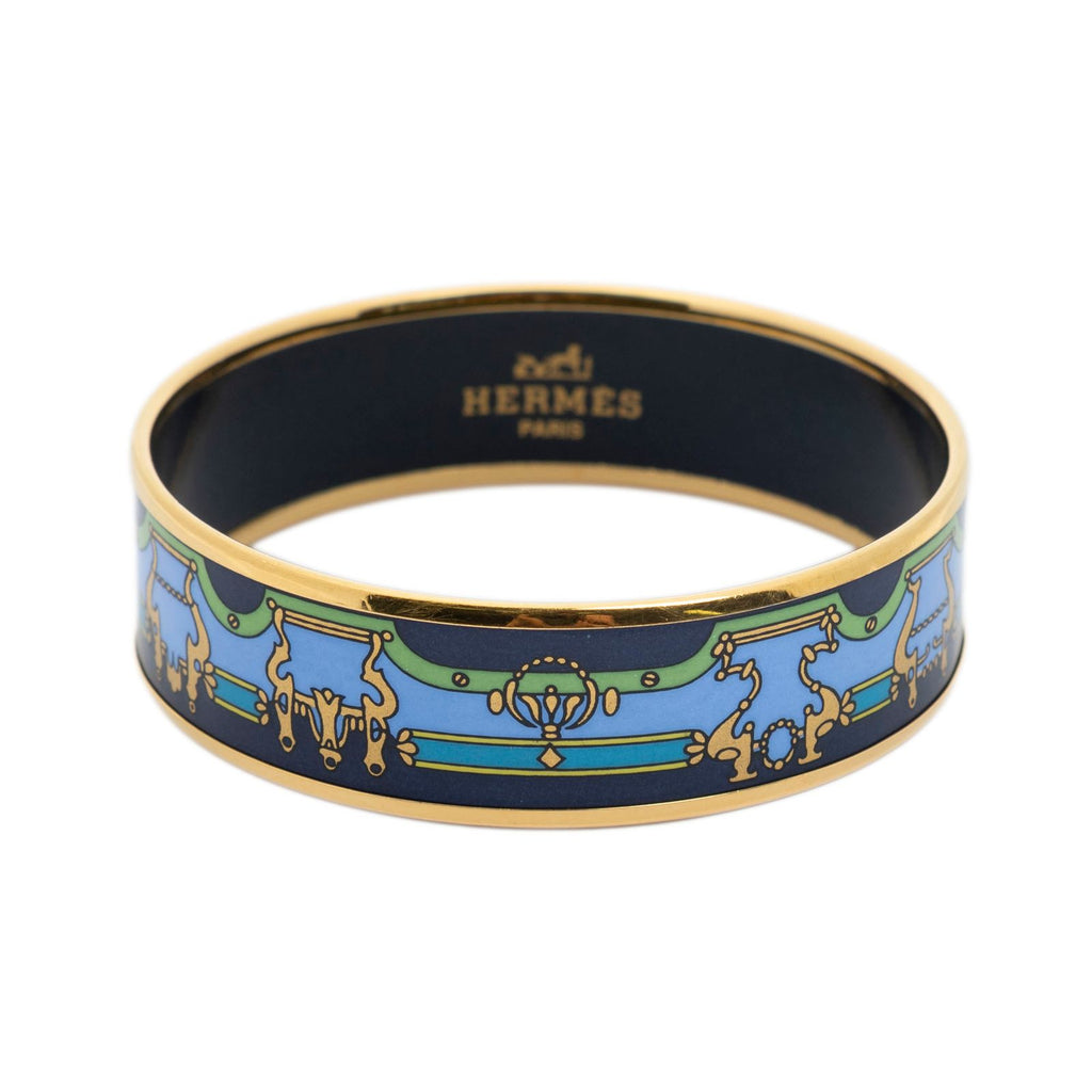 Hermes Enamel Bangle Navy Green Gold Print Motif Bracelet — view 2