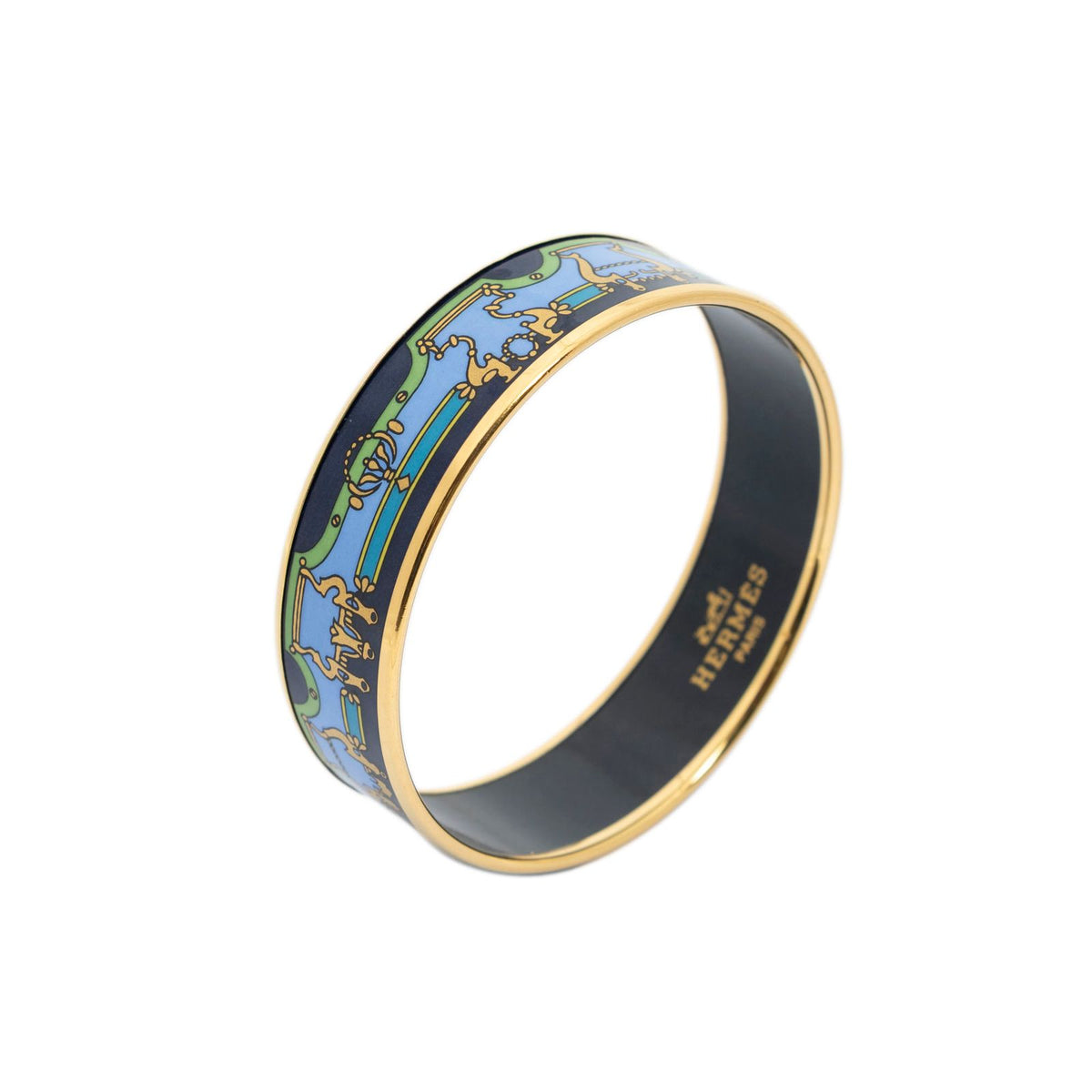 Hermes Enamel Bangle Navy Green Gold Print Motif Bracelet