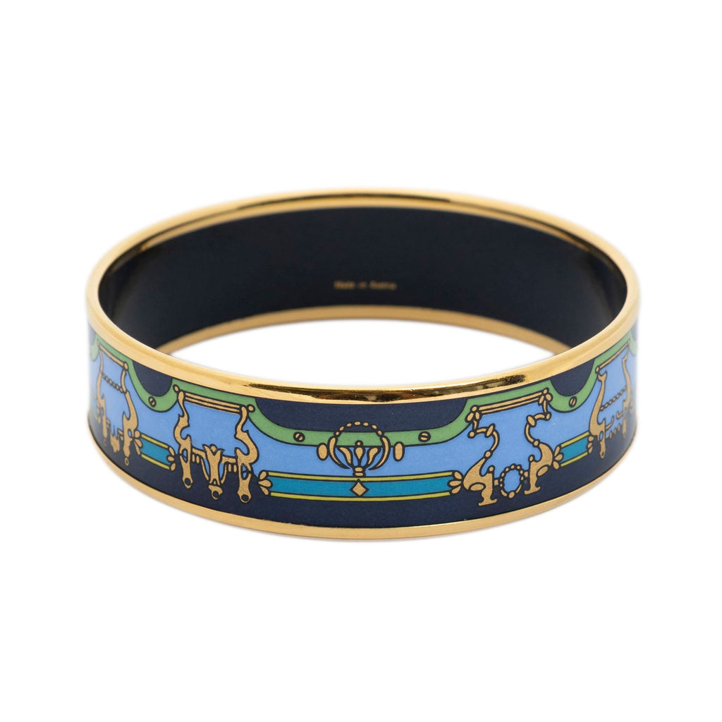Hermes Enamel Bangle Navy Green Gold Print Motif Bracelet — view 3