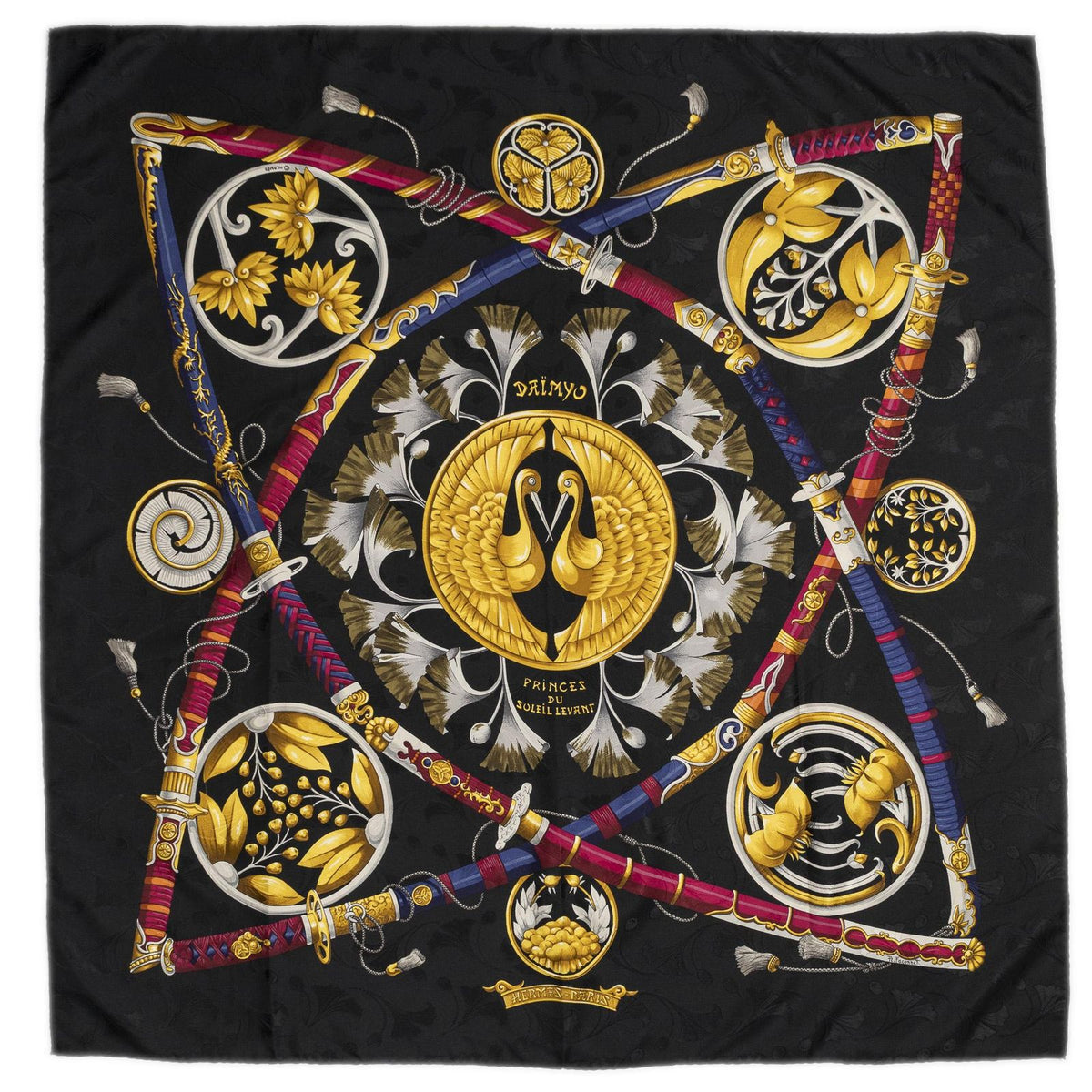 Hermes Scarf Black Gold Pink Jacquard Silk — view 2