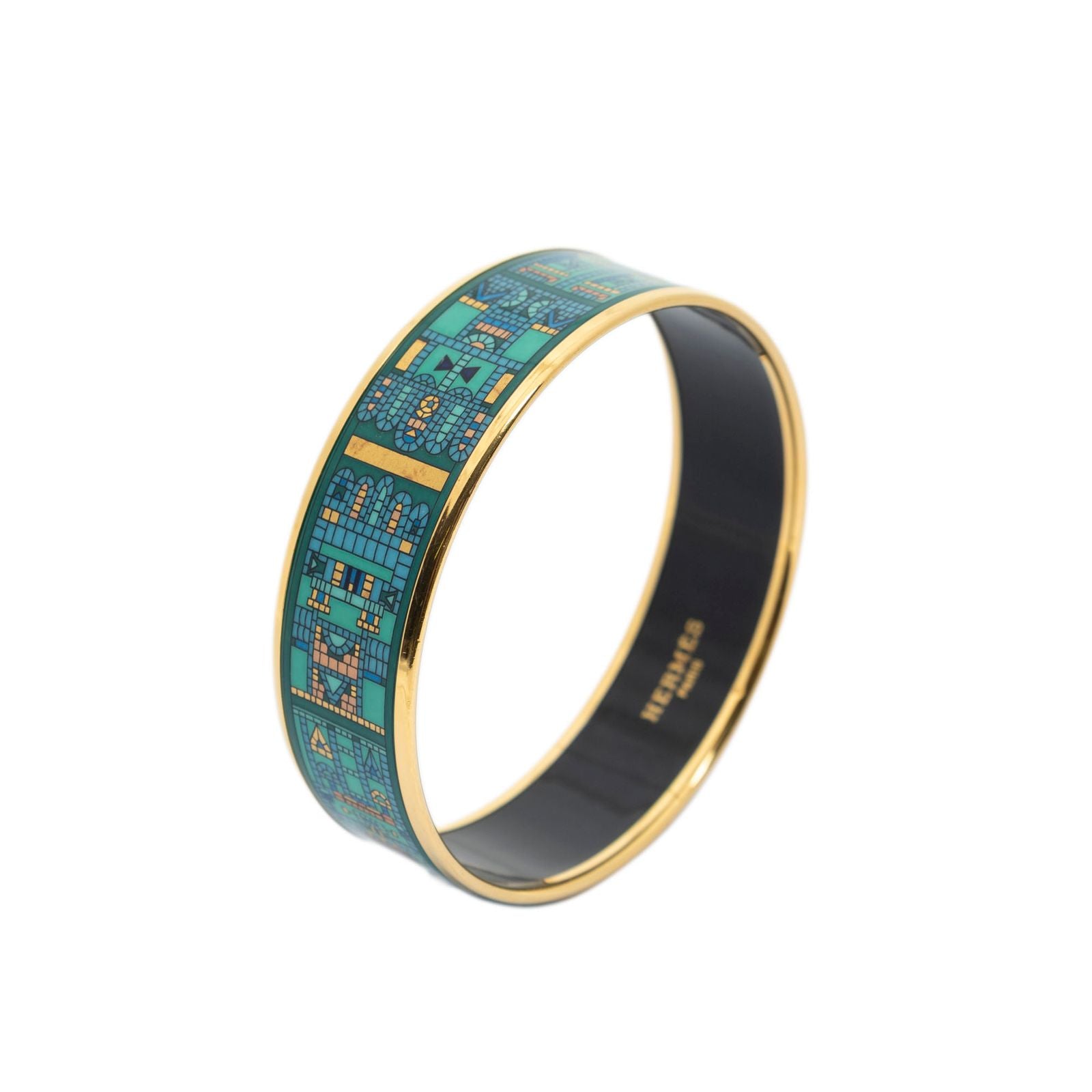 Hermes Enamel Bangle Teal Geometric Motif Bracelet