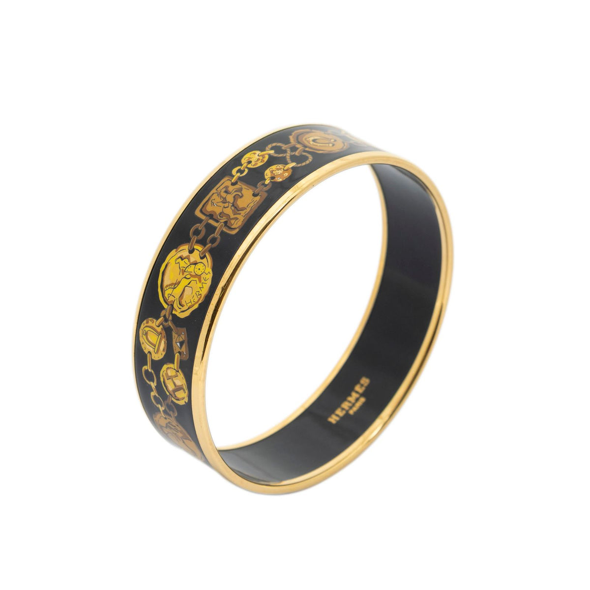 Hermes Enamel Bangle Black Gold Chain Motif Bracelet