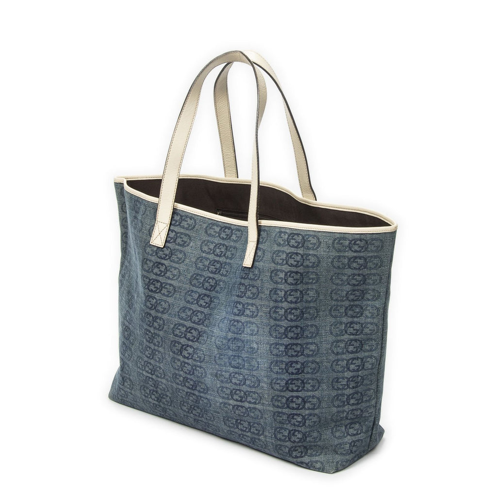 Gucci Large Web Horizon Tal Tote Blue Ivory Print Denim Canvas — view 2
