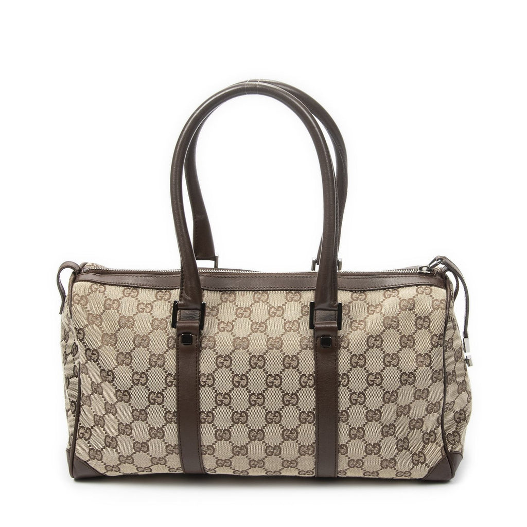 Gucci Small Boston Brown Beige GG Canvas Shoulder Bag