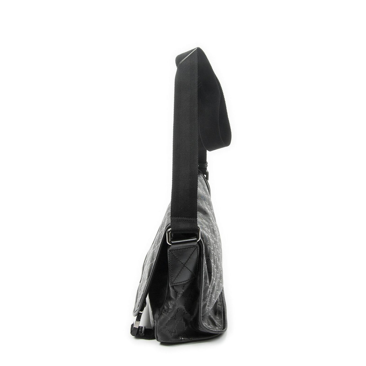 Gucci Double Buckle Flap Messenger Bag Black Guccissima Imprint Canvas — view 3