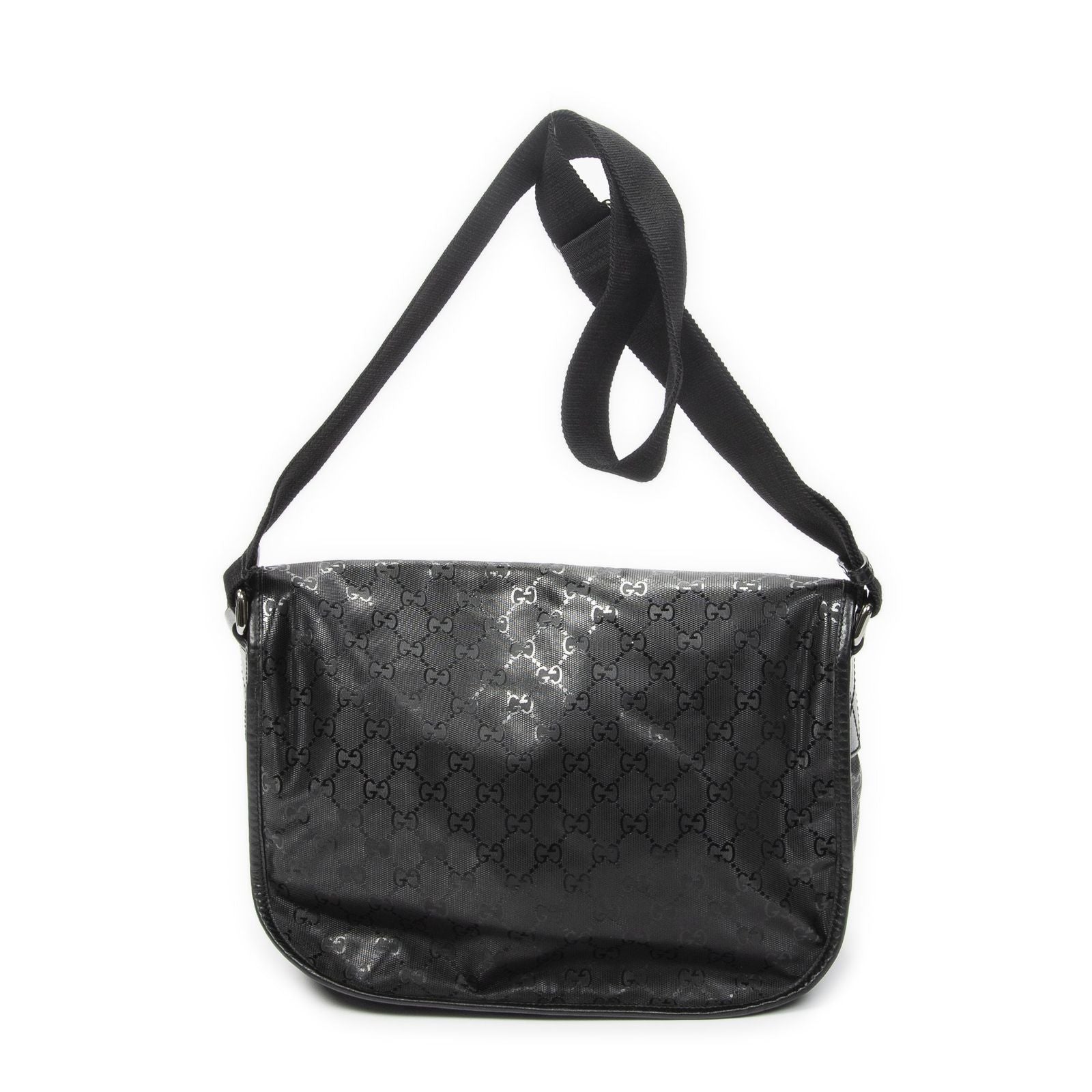 Gucci Double Buckle Flap Messenger Bag Black Guccissima Imprint Canvas — view 5