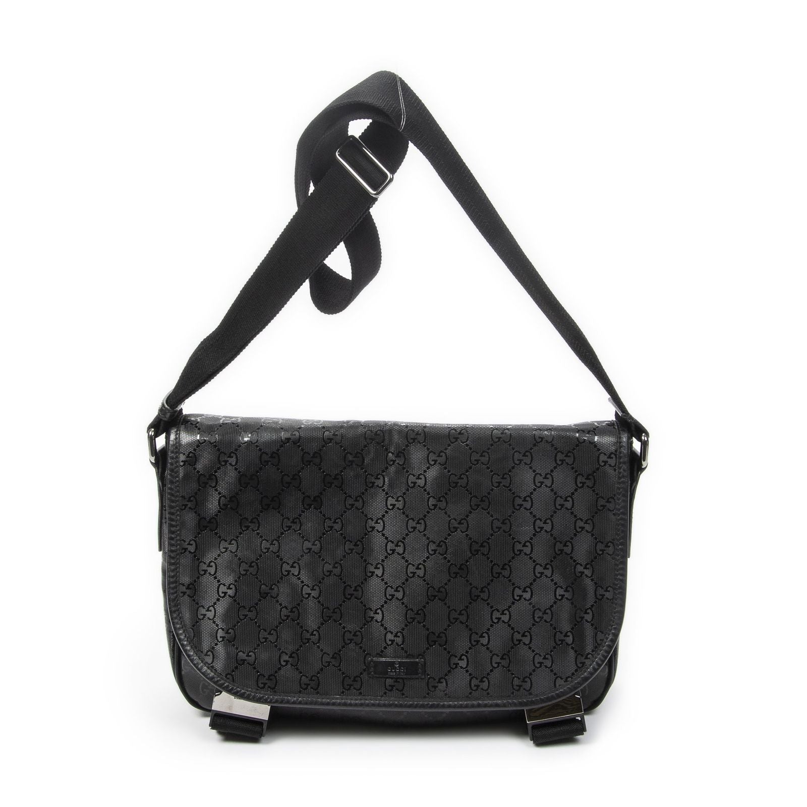 Gucci Double Buckle Flap Messenger Bag Black Guccissima Imprint Canvas