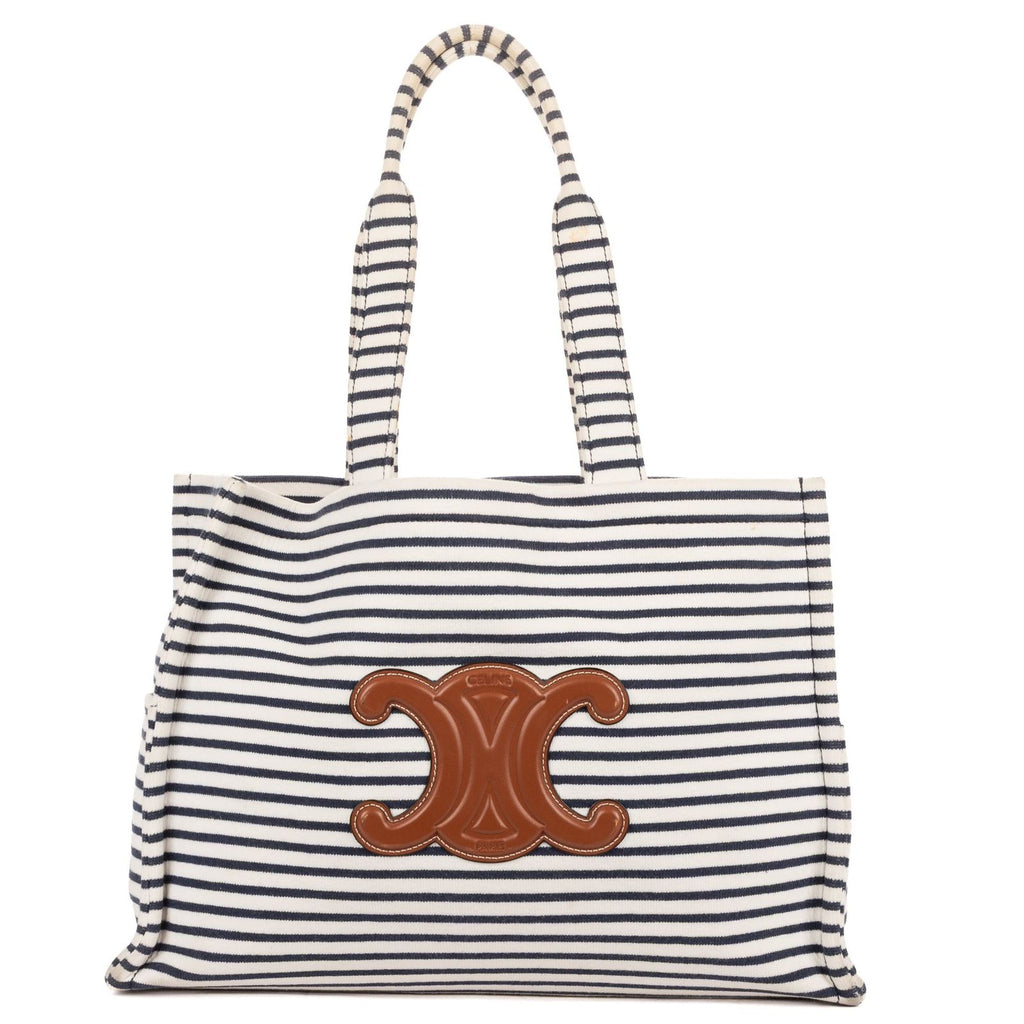 Celine Cabas Thais Tote White Blue Striped Canvas