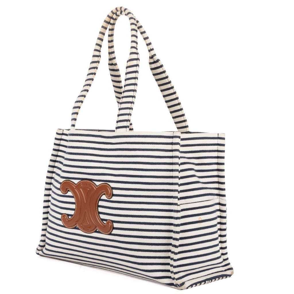 Celine Cabas Thais Tote White Blue Striped Canvas — view 2