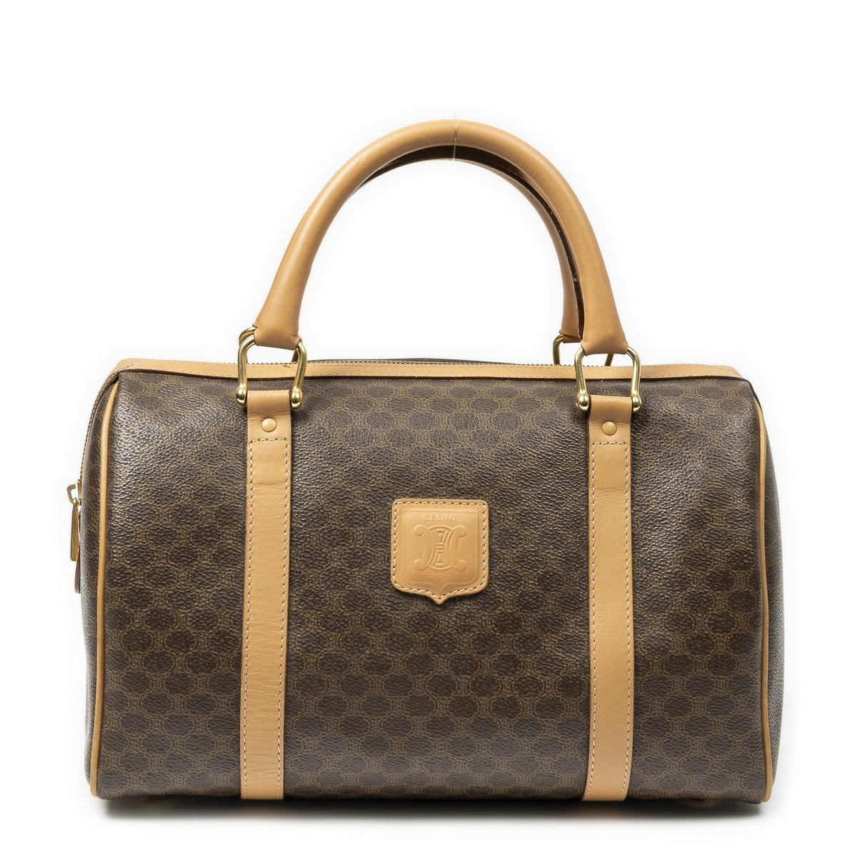 Celine Vintage Small Boston Brown Beige Macadam Canvas Handbag
