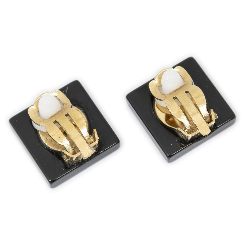 Chanel CC Logo Square Clip Type Earrings Black Resin — view 2