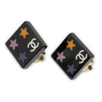 Chanel CC Logo Square Clip Type Earrings Black Resin