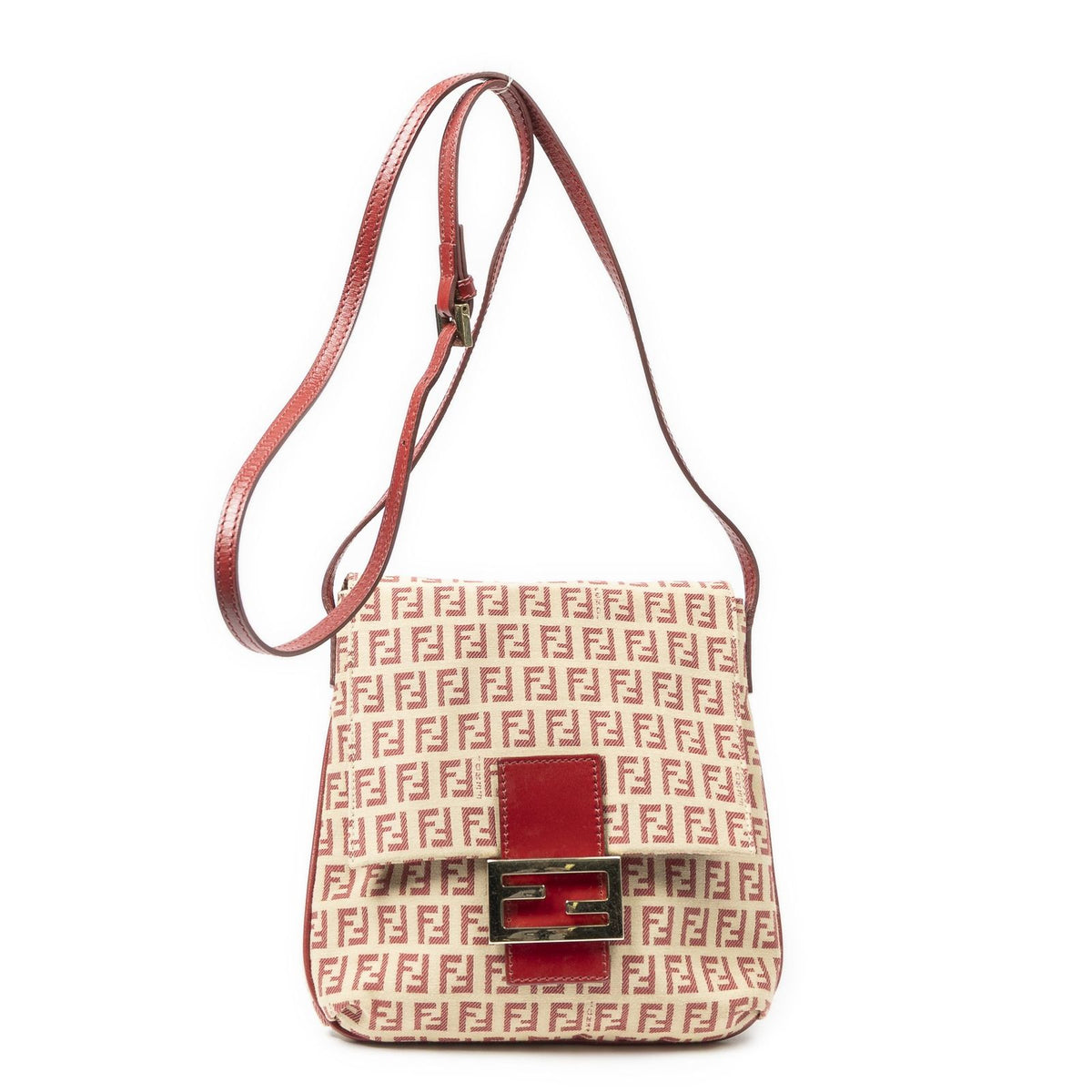 Fendi Small Flap Bag Crossbody Red Beige Zucchino Canvas