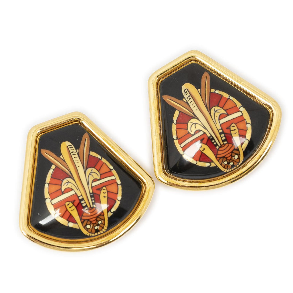 Hermes Inlaid Clip on Earrings Black Red Skull and Sunburst Motif